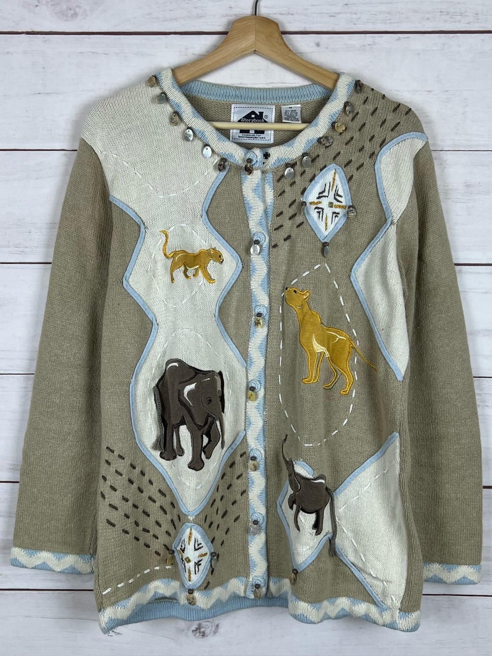 Vtg Storybook Knits Safari Cardigan Sweater Med Elephant Lion Maximalist Kitsch